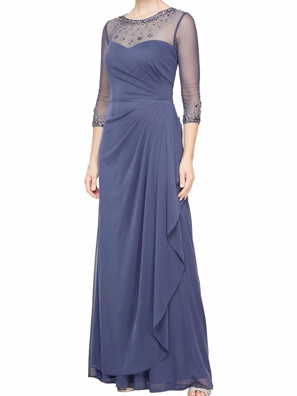 NWT Alex Evenings Slate Violet Blue Beaded Illusion Neck Maxi Dress, 8P